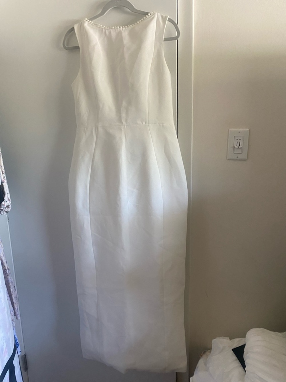 Elegant Sleeveless White Midi Dress with Pearl Trim